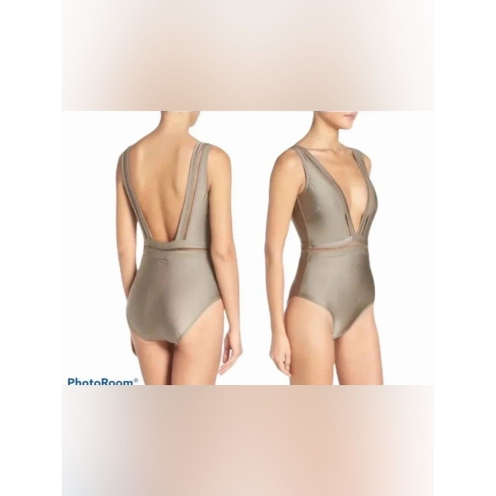 Ted Baker London Deep V Khaki Pointelle One-Piece Swimsuit